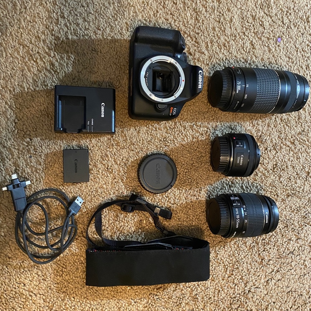 Black Canon EOS Rebel T7 24.1 MP DSLR w three lenses (2 zoom and 1 prime).
